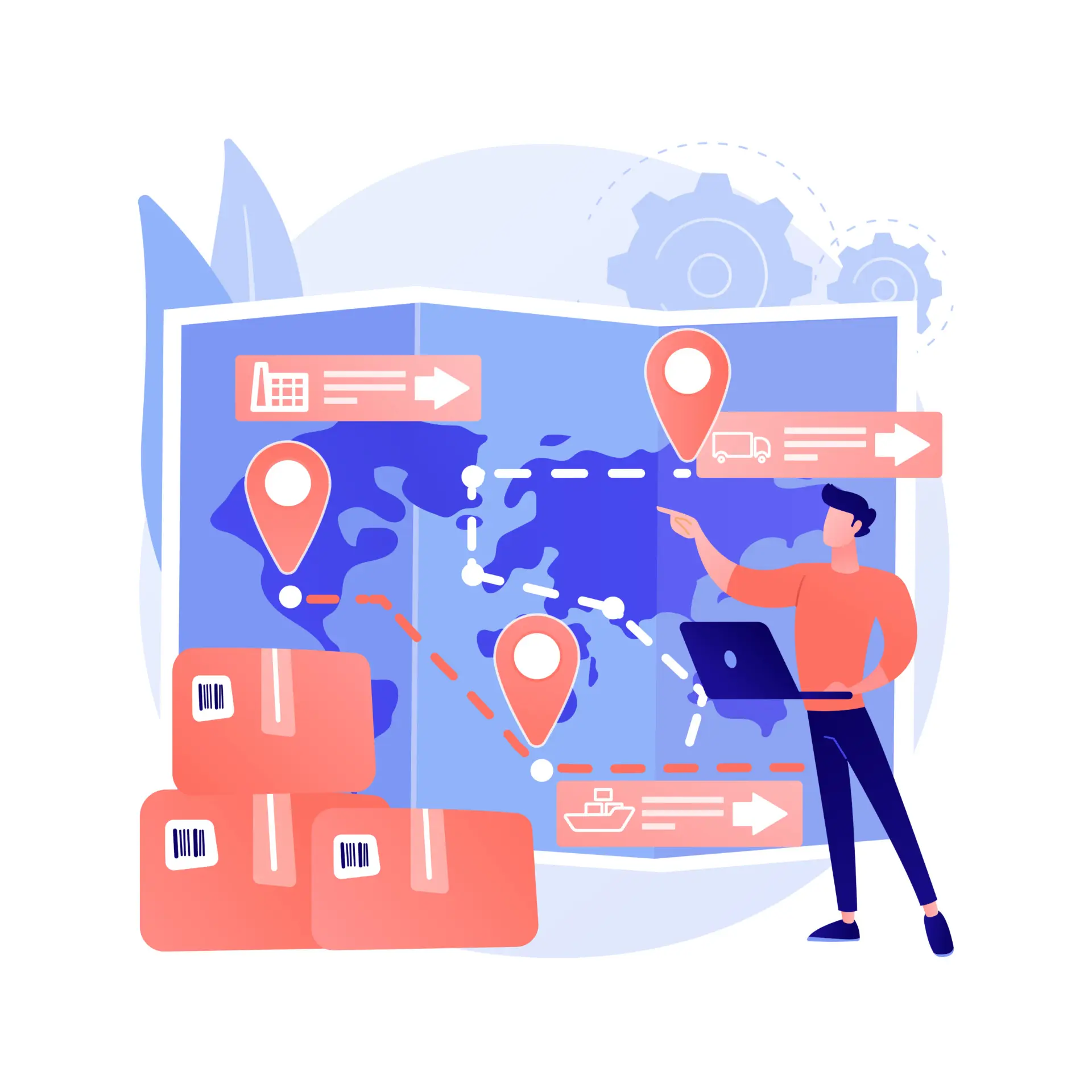 Illustration of a global logistics map with shipping routes, location markers, and a person managing supply chain operations, representing SunWyn's efficient supply chain and timely distribution of industrial hinges.