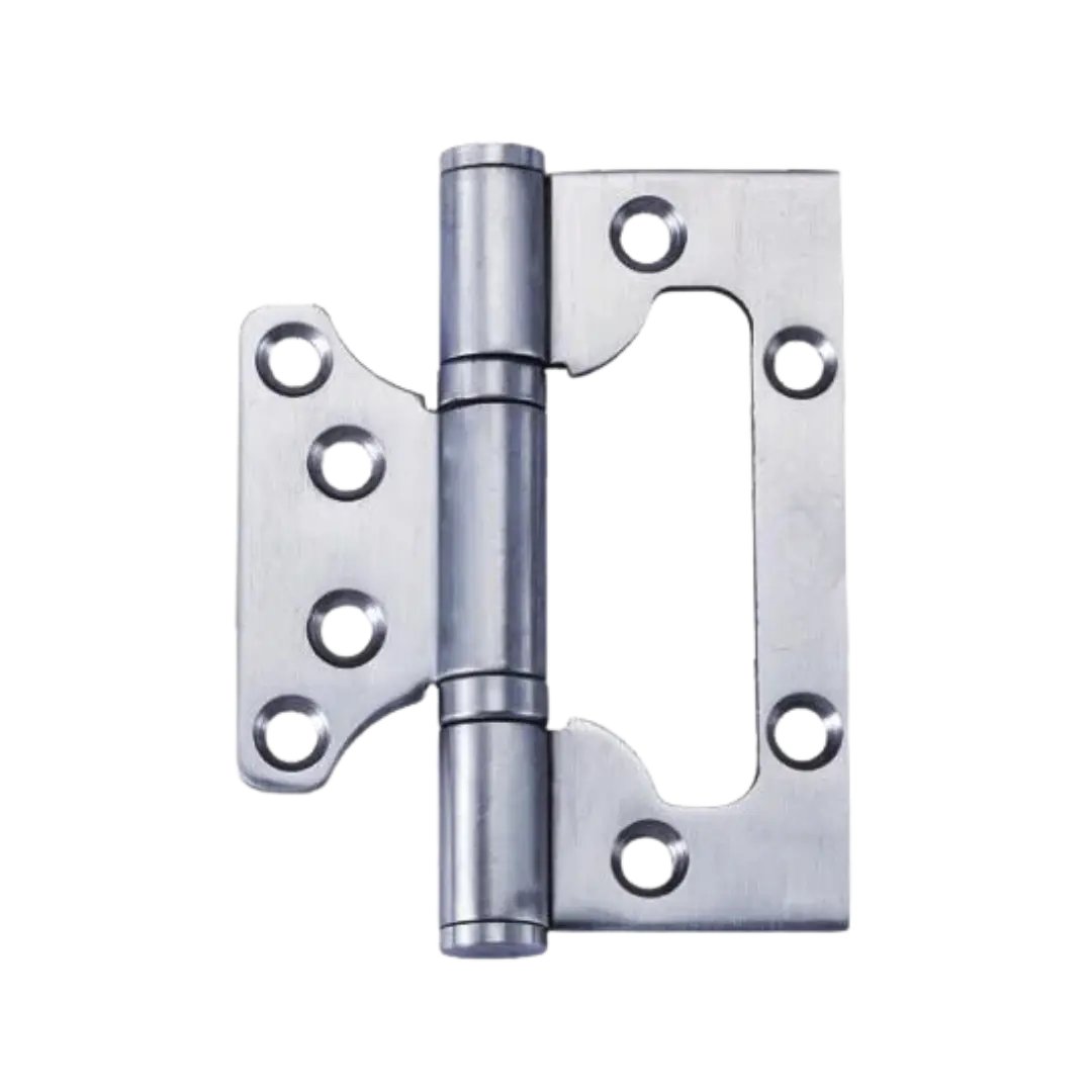 Stainless steel flush butterfly hinge with six screw holes, ideal for lightweight doors and furniture, featuring a low-profile, decorative design.