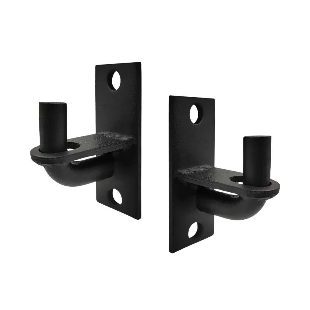 Pair of black heavy-duty gate hinges, designed to support the weight and movement of gates, with two mounting holes for secure installation.