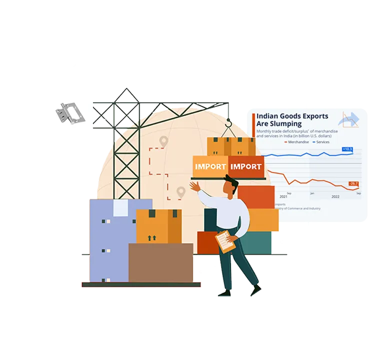 Illustration showcasing export operations with crates, cranes, and trade data, representing SUNWYN as a trusted SS hinges manufacturer and exporter in Aligarh, specializing in ball-bearing hinges and door hinges for global markets.