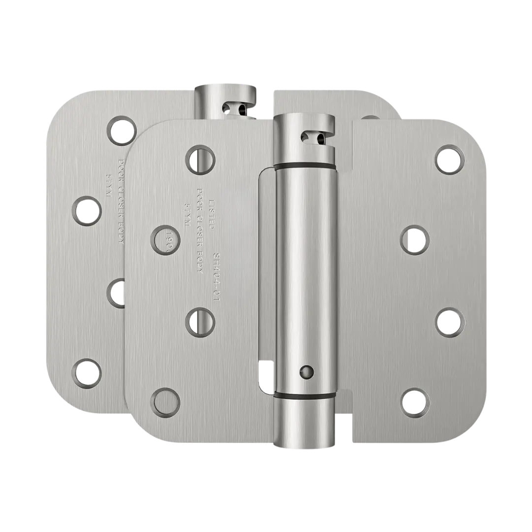 Pair of stainless steel door hinges with rounded corners and multiple screw holes, designed for smooth movement and secure door attachment in residential and industrial settings.