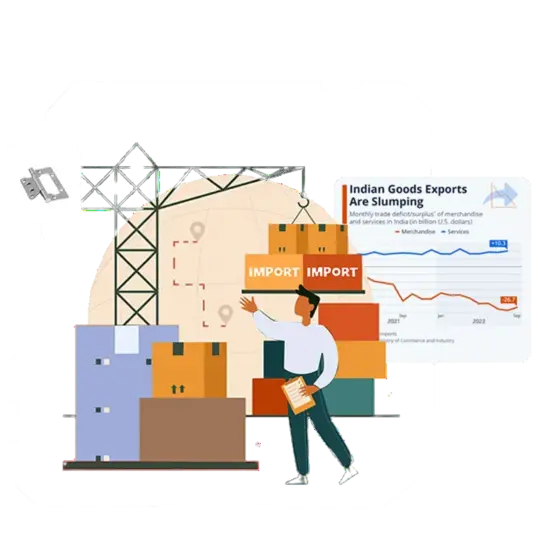 Illustration showcasing export and import activities with boxes, cranes, and trade data, representing SUNWYN as a leading SS hinges manufacturer and exporter in Hyderabad specializing in ball-bearing and door hinges.