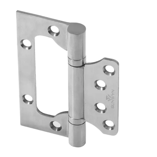 Stainless steel flush hinges seamlessly mounted on a light door, offering a minimalist design and smooth functionality, ideal for modern cabinetry and interiors.