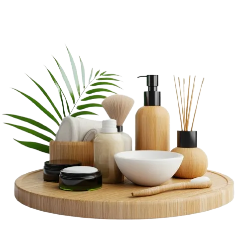 Aesthetic display of private label beauty products, including skincare and makeup essentials, on a wooden tray with natural elements. Trusted beauty product manufacturers in India – KA International.