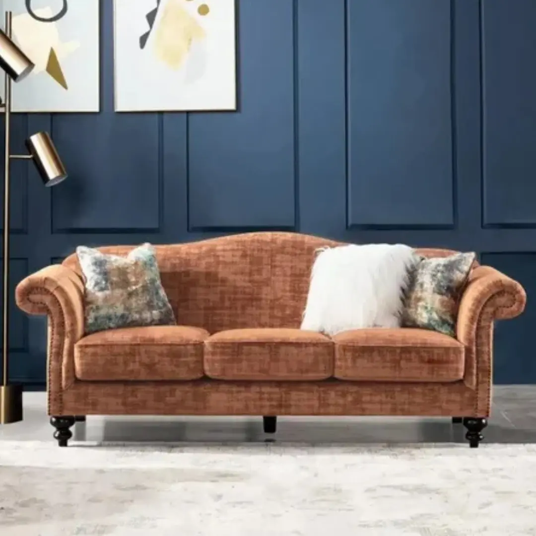 A brown classic camelback sofa with luxurious interior