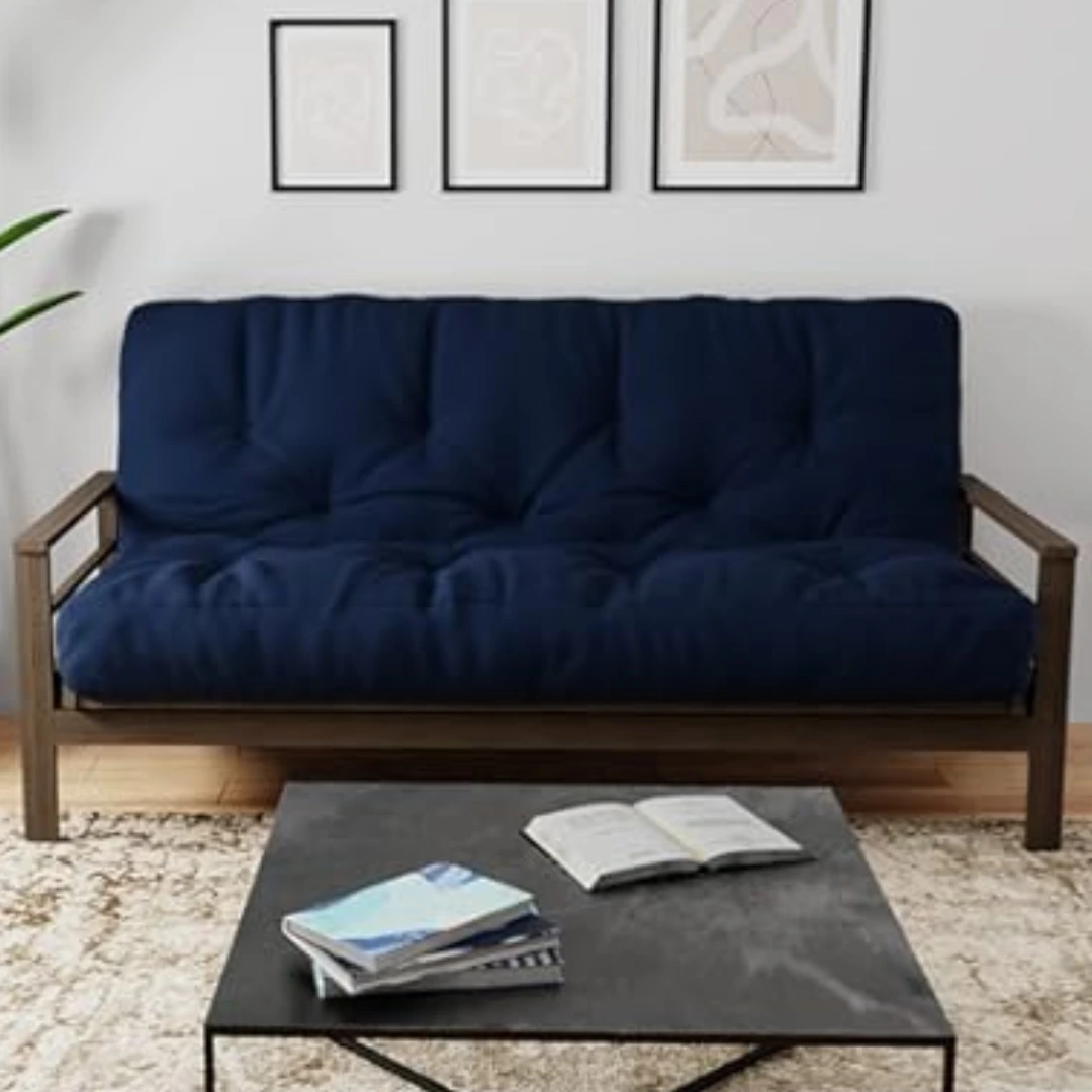a navy blue futon sofa with high comfort