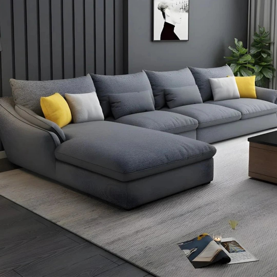 Spacious L-shaped sectional sofa with a contemporary design, perfect for optimizing seating in homes, offices, and lounges, crafted by a leading sofa manufacturing company.