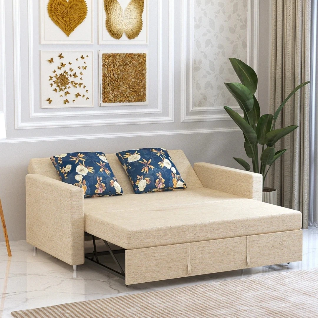 A beige pull out sofa bed with beautiful design
