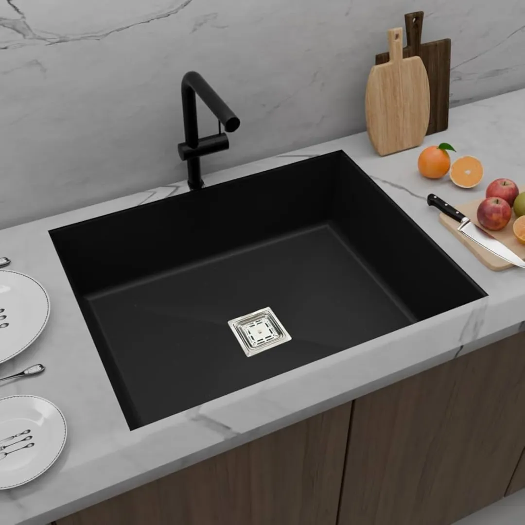 Modern black quartz kitchen sink with square drain and deep single bowl design, crafted for functional compact kitchens by quartz sink manufacturers
