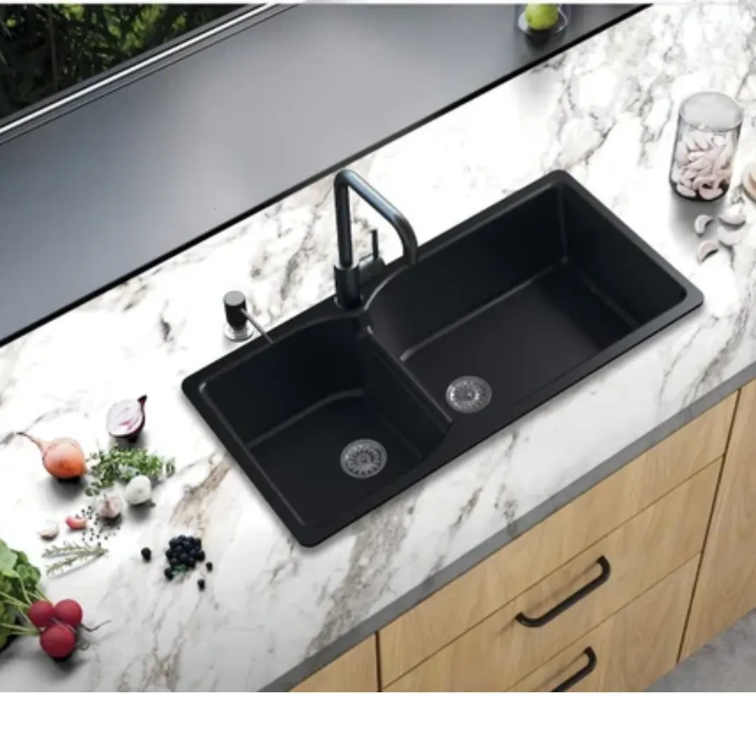 Black double bowl quartz sink with offset basin configuration, designed for high-function kitchen workflows, produced by quartz kitchen sink manufacturers