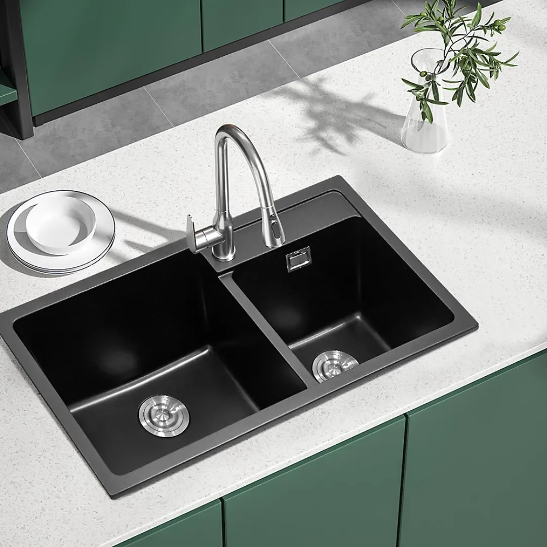 Contemporary matte black double bowl quartz sink with balanced layout and stainless faucet, crafted for professional kitchens by quartz sink manufacturers