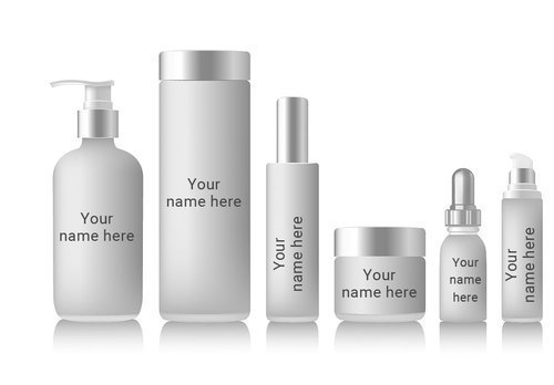Various skincare product bottles and jars with customizable labels, representing private label skincare options including natural, organic, vegan, and luxury skincare lines.