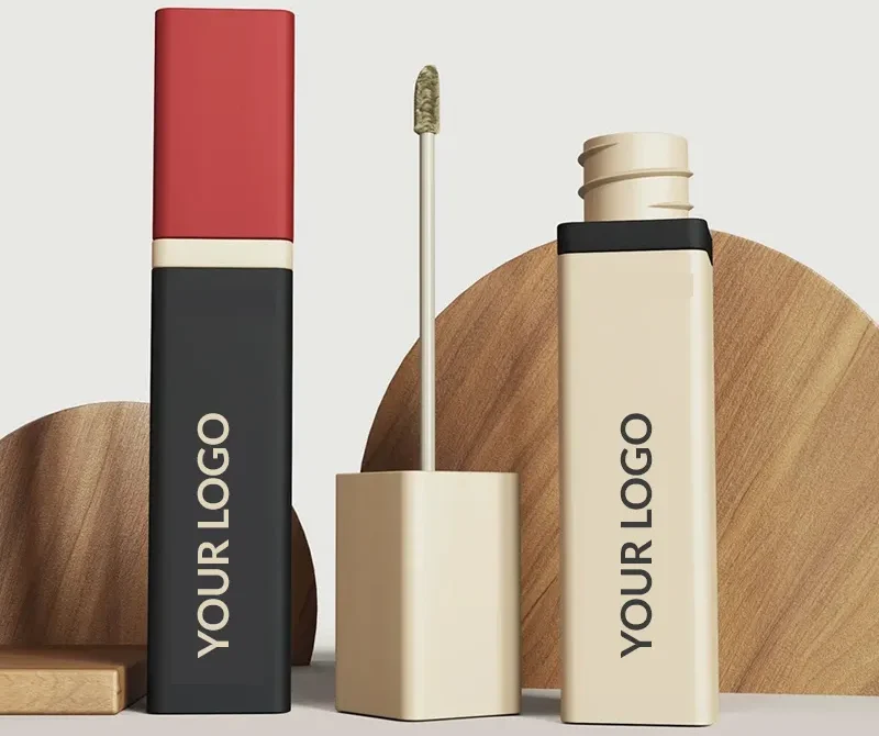 Two custom lip gloss tubes with "YOUR LOGO" branding. One tube is a bold red with a sleek black cap, while the other is a soft beige with a square applicator. The modern design is set against a minimalist backdrop, showcasing the professional packaging and branding options for custom lip gloss products.