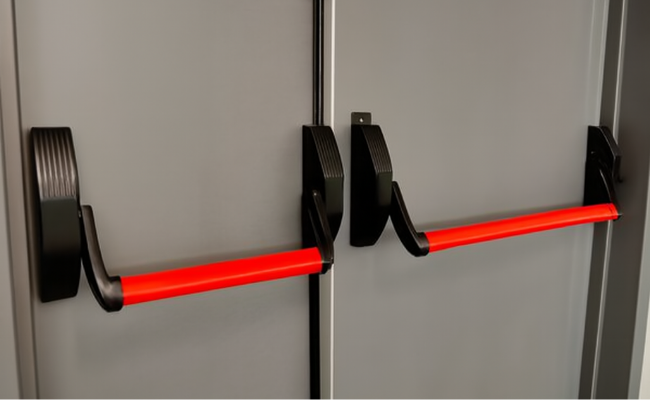 Red horizontal fire door handle bars installed on double grey doors, EN 1125 and BIS compliant panic hardware for rapid exit in schools, hospitals, and commercial buildings