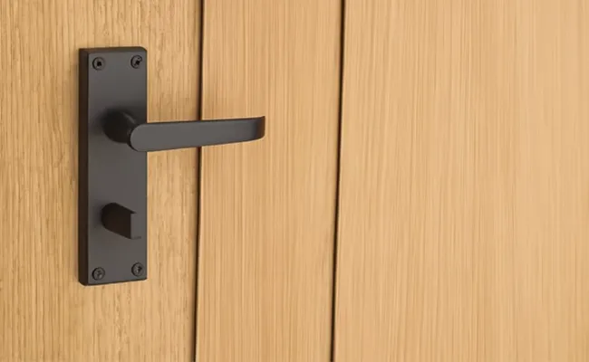 Sleek matte black fire-rated door handle set on wooden door, EN 1634-1 certified for 120-minute fire protection, ideal for office, apartment, or hotel room applications