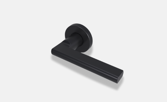 Modern matte black lever handle from a fire-rated door handle set, certified for use in complete fire door assemblies with ISO and BIS compliance