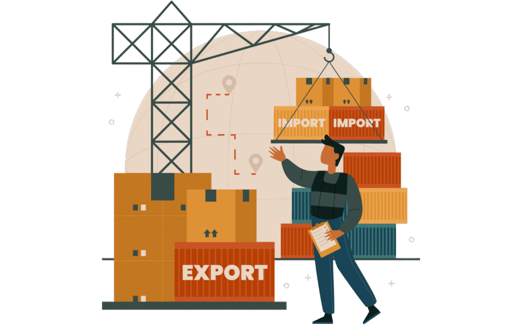 Illustration of global trade with labeled export and import containers, representing H. N. Industries’ role as a trusted tarpaulin manufacturer and exporter in India serving domestic and international markets