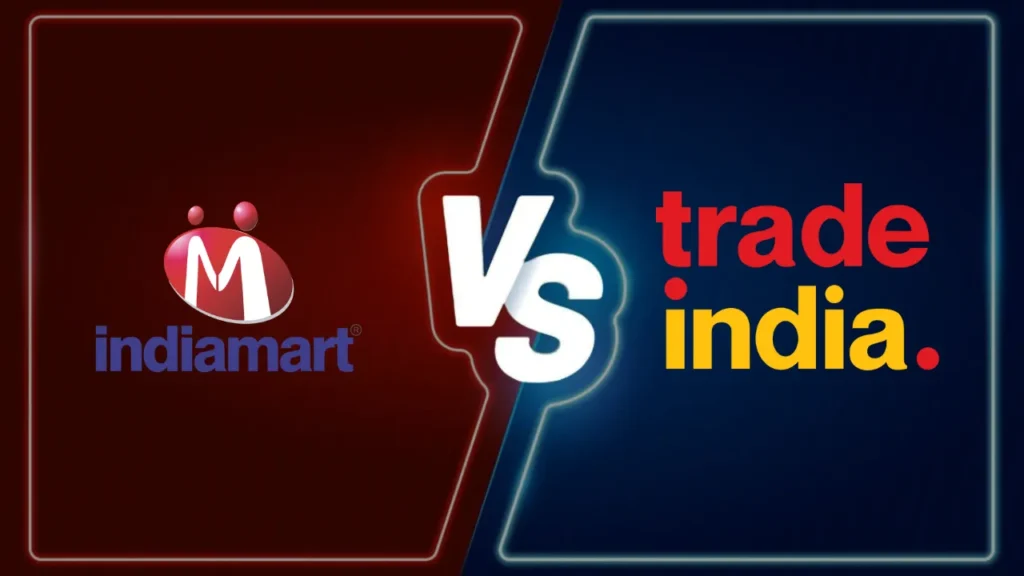 Visual comparison of IndiaMART and TradeIndia logos with a “VS” graphic in the center, symbolizing a side-by-side analysis of India’s leading B2B platforms for manufacturers and exporters.