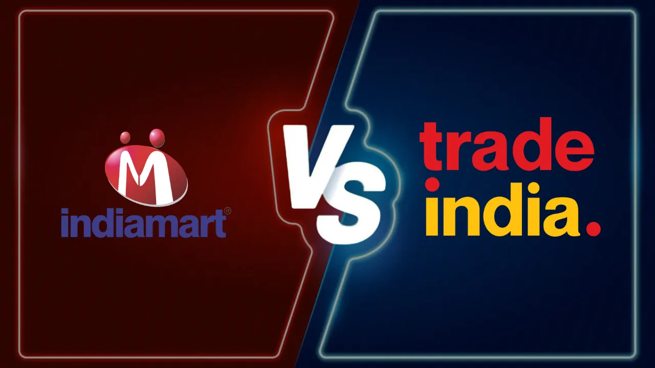 Visual comparison of IndiaMART and TradeIndia logos with a “VS” graphic in the center, symbolizing a side-by-side analysis of India’s leading B2B platforms for manufacturers and exporters.