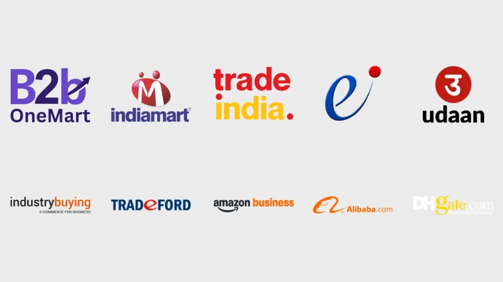 Logos of India's top 10 B2B websites for 2025 including IndiaMART, TradeIndia, Udaan, Amazon Business, Alibaba, IndustryBuying, and other leading online B2B portals in India
