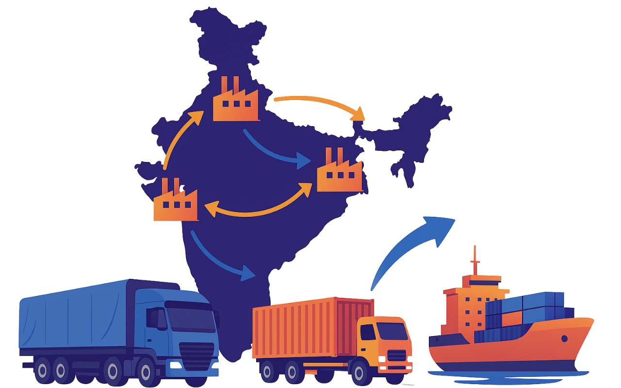 Illustration of India's map with factory icons and arrows showing tarpaulin distribution routes by truck and ship, representing H. N. Industries’ strong pan-India supply chain and export logistics
