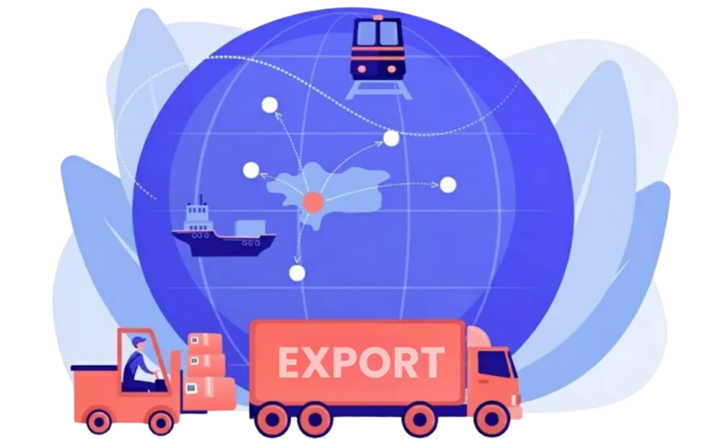 Illustration of global HDPE tarpaulin and sheet export logistics with truck, ship, and train, representing international distribution by leading HDPE sheets manufacturer in India