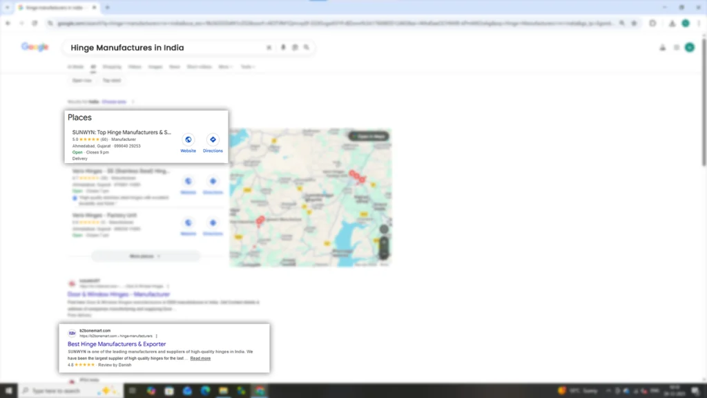 Google search results showing SUNWYN, a hinge manufacturer in India, ranking at the top for local and organic listings—demonstrating the impact of SEO for manufacturers in driving visibility and inbound leads.