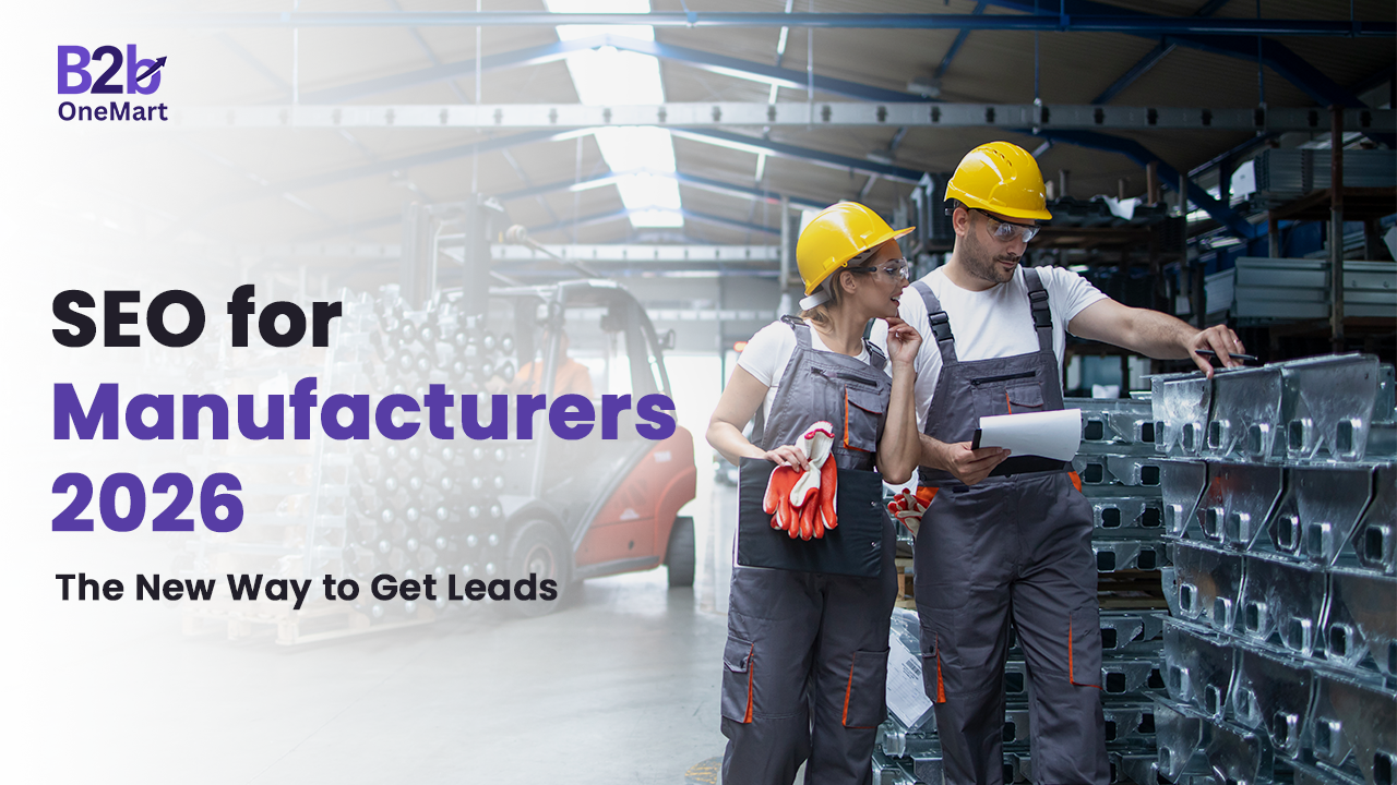 Two industrial workers in safety gear discussing documents in a manufacturing unit, representing the concept of SEO for manufacturers to generate qualified leads through search engine visibility by 2026.
