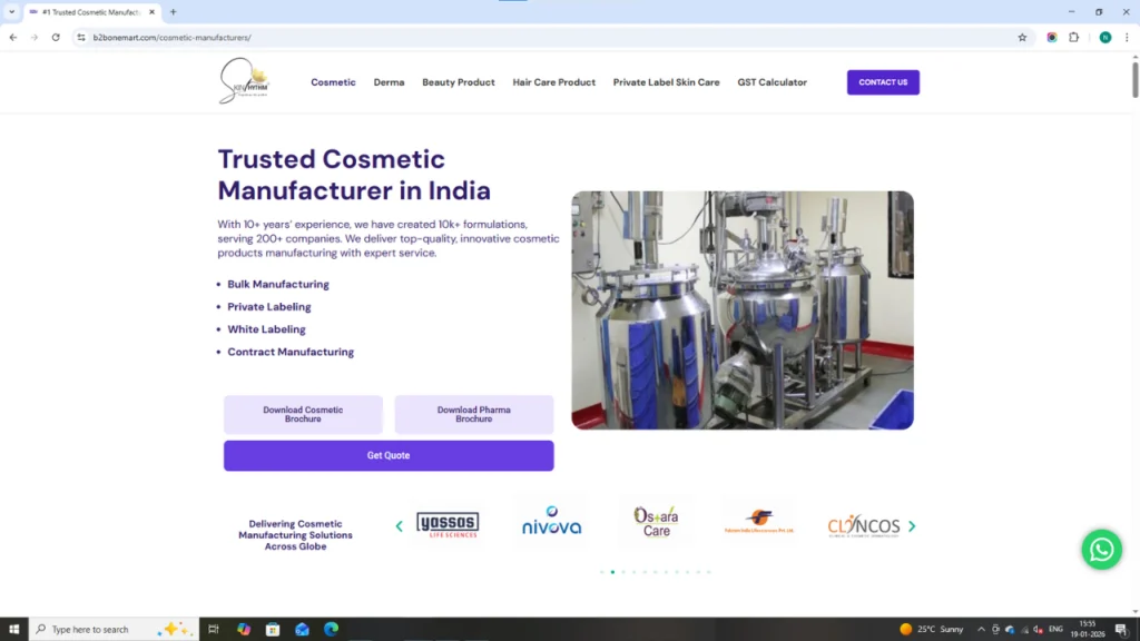 Modern cosmetic manufacturing plant showcasing stainless steel machinery, reflecting over 10 years of experience and trusted service in private labeling, bulk production, and contract manufacturing