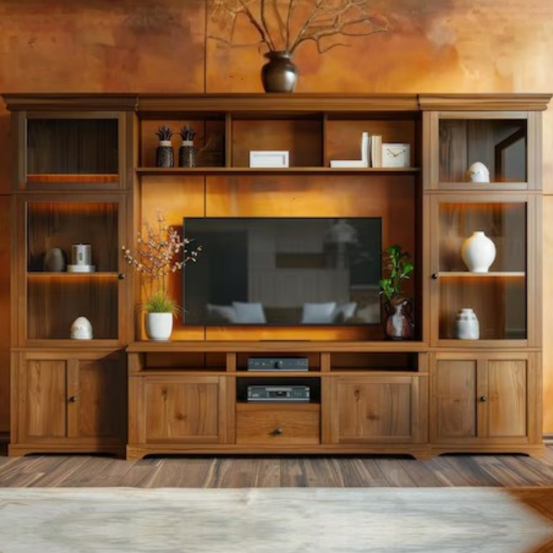 A beautifully crafted reclaimed wood TV unit featuring spacious open shelves, glass-fronted cabinets, and a sturdy base. The rich wood finish and clean lines provide both stability and visual appeal. The unit’s design includes ample storage space for media equipment and decorative items, while the natural texture of reclaimed wood enhances its timeless charm. Perfect for a living room or entertainment area, this piece combines functionality with aesthetic elegance.