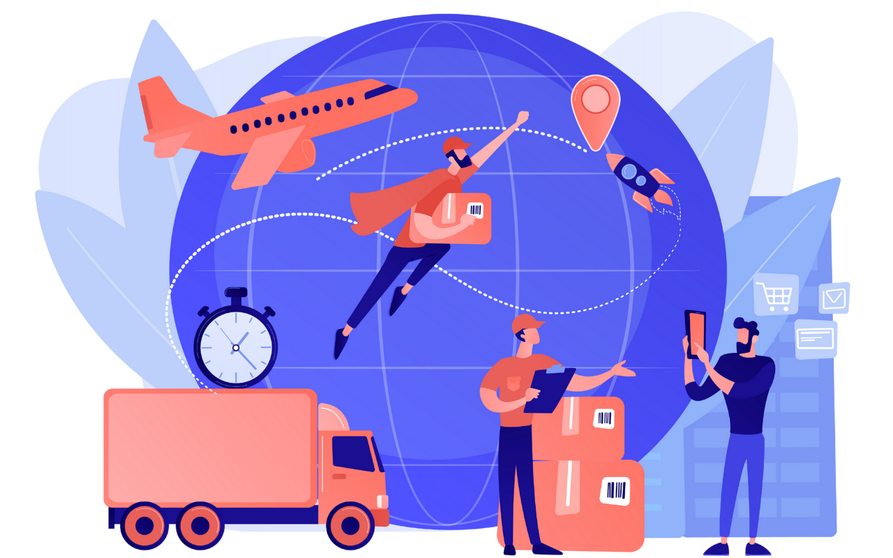 An illustrated scene depicting the structured supply process for global projects. It shows a person flying with a box representing fast delivery, an airplane, a truck, and a rocket symbolizing efficient logistics. Workers are shown coordinating orders using devices, ensuring smooth handling and timely delivery of reclaimed wood furniture across the world.