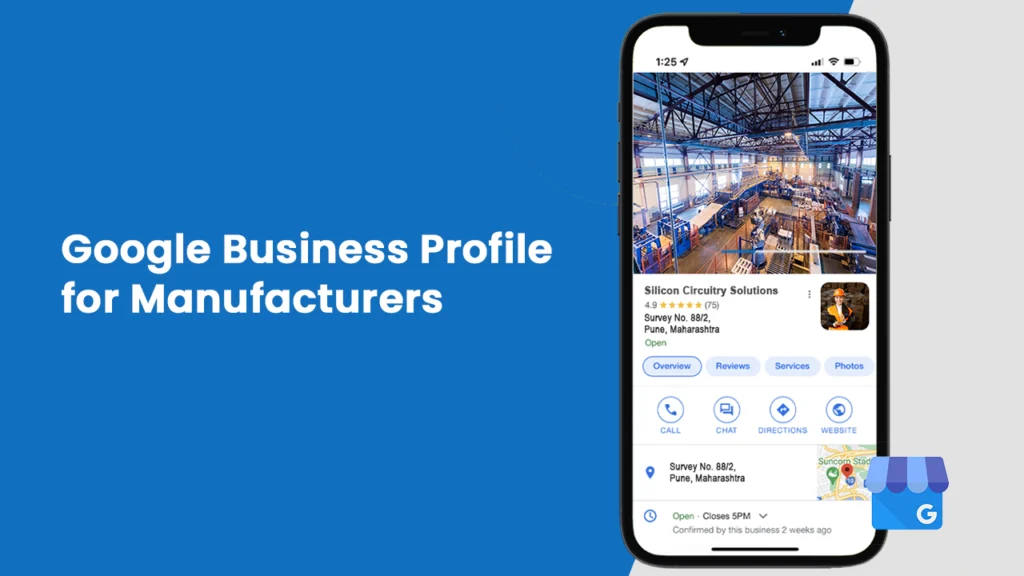 Smartphone screen showing a Google Business Profile of a manufacturing company, emphasizing how manufacturers can boost local visibility, gain trust through reviews, and attract nearby buyers using optimized business listings.