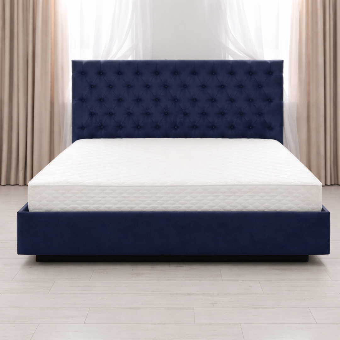 Durable hotel-grade mattress on a luxurious bed frame, designed for frequent use in hotels and lodges, manufactured in India for wholesale and bulk orders.