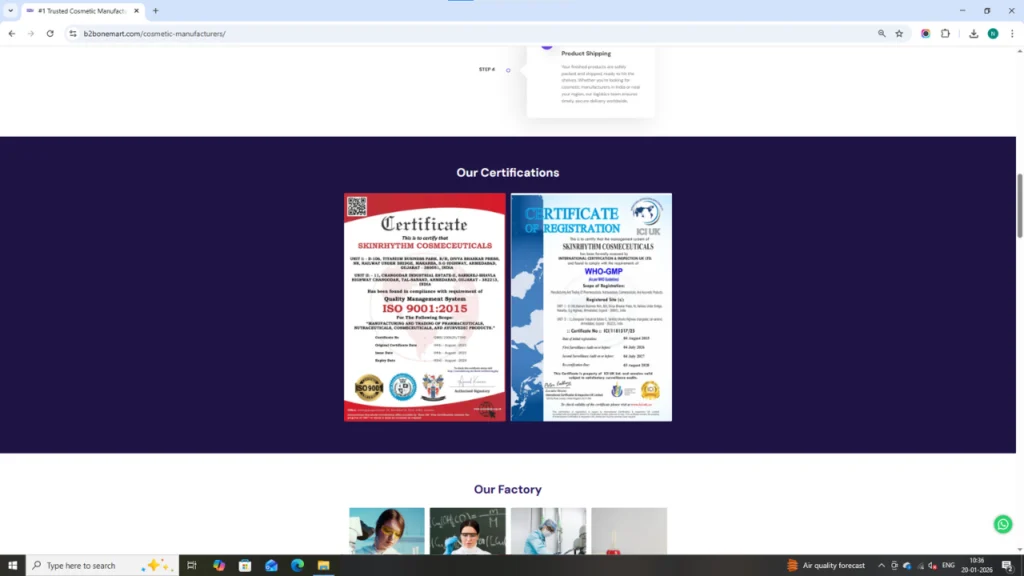 Official ISO 9001:2015 and WHO-GMP certificates of Skinrhythm Cosmeceuticals, proving quality standards, regulatory compliance, and global manufacturing credibility for cosmetics and personal care products
