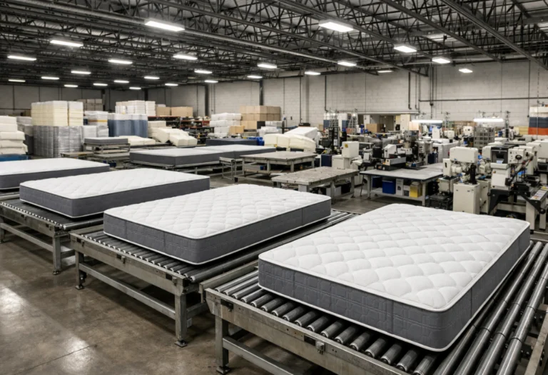 Modern mattress manufacturing facility in India with finished mattresses on conveyor belts, showcasing large-scale production for wholesale and B2B supply.