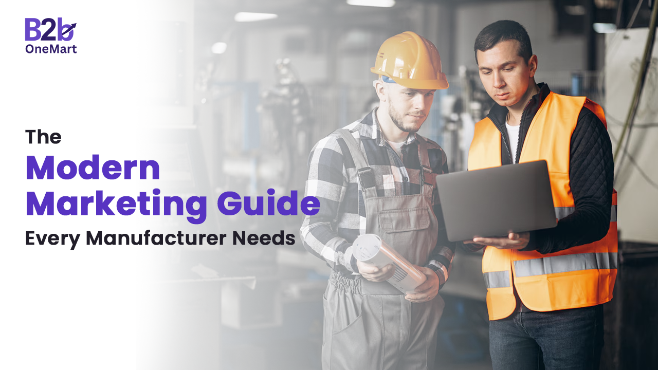 Two factory workers reviewing a digital marketing guide on a laptop in an industrial setting, representing effective marketing strategies for manufacturers seeking real buyers and business growth.