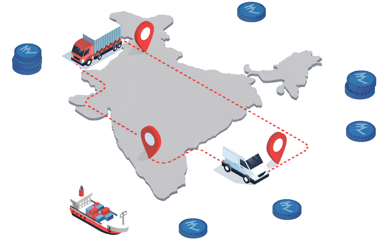 Illustration of India map with truck, van, and cargo ship icons representing nationwide logistics network for wholesale mattress distribution by leading Indian mattress manufacturers.