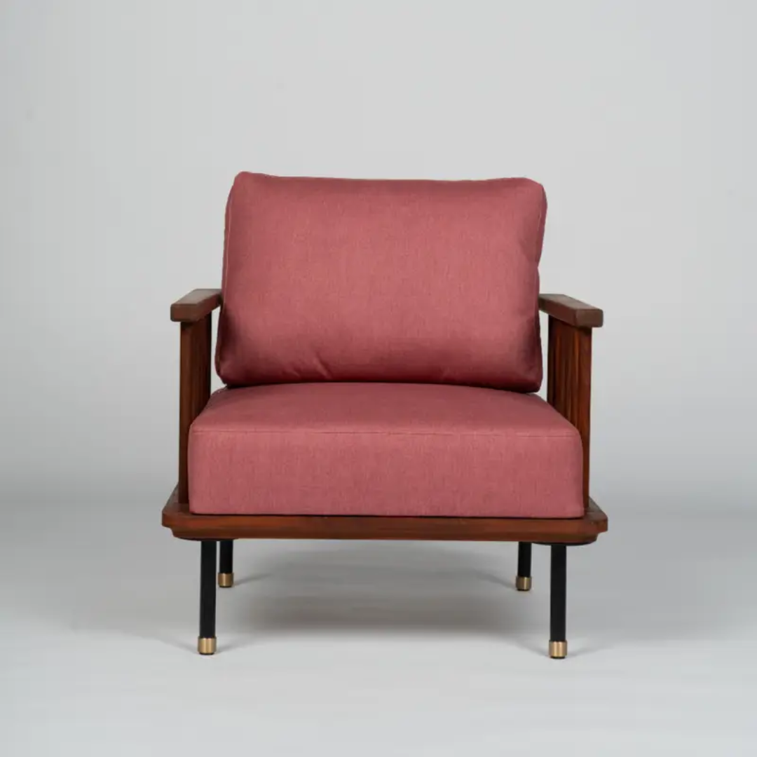 A modern reclaimed wood chair featuring a sturdy wooden frame with a sleek design and a comfortable red upholstered cushion. The chair combines strength with aesthetic appeal, making it a perfect addition to both residential and commercial spaces. The balanced design offers both comfort and durability, with minimalistic metal accents on the legs for a contemporary look.