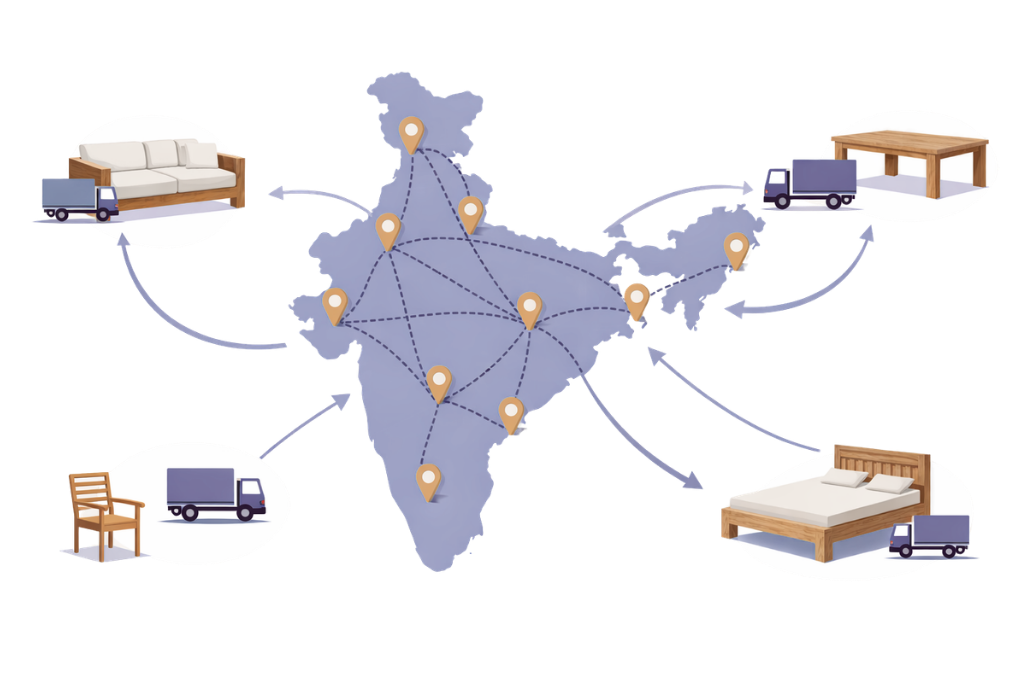 Illustration of India map with connected logistics routes showing nationwide supply of reclaimed teak wood furniture, including sofa, dining table, chair, and bed deliveries for large-scale domestic and export projects.