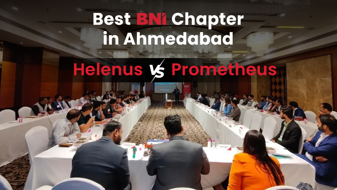 Professionals attending a BNI chapter meeting in Ahmedabad, seated around a conference table discussing referral networking, representing the comparison between BNI Helenus and BNI Prometheus chapters for business growth.