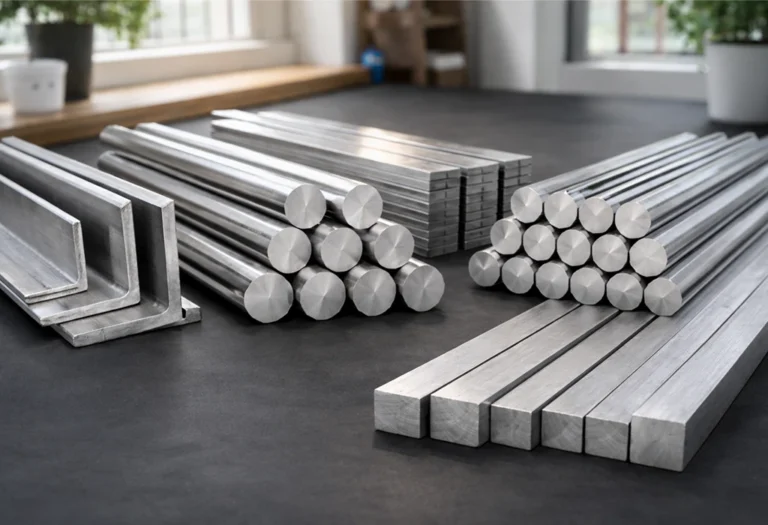 Variety of stainless steel bars including round, square, and flat bars neatly arranged, representing leading stainless steel bar manufacturers in India offering diverse product ranges and precision manufacturing.