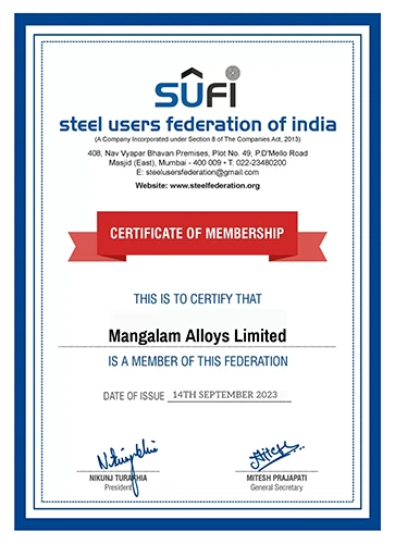 SUFI certificate of membership awarded to Mangalam Alloys Limited, recognized as a stainless steel bar manufacturer in India, issued on 14th September 2023 with official signatures and company details.