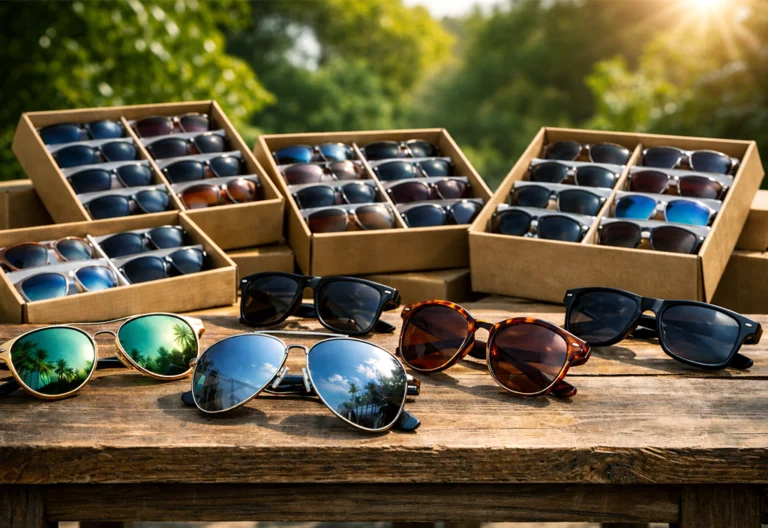 First copy sunglasses wholesale collection in Mumbai featuring designer-inspired aviator and square frame sunglasses displayed in bulk for retailers by Luxstand supplier
