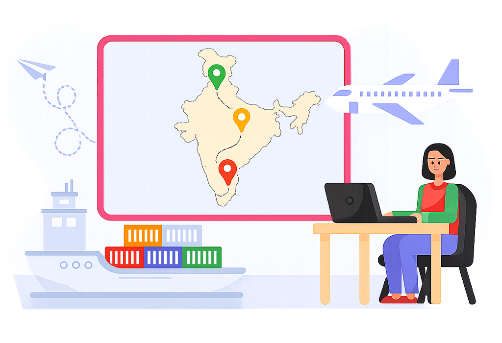 Lab-grown diamond manufacturers supplying diamonds across India with nationwide distribution, export logistics, and jewelry manufacturing network shown on India map illustration