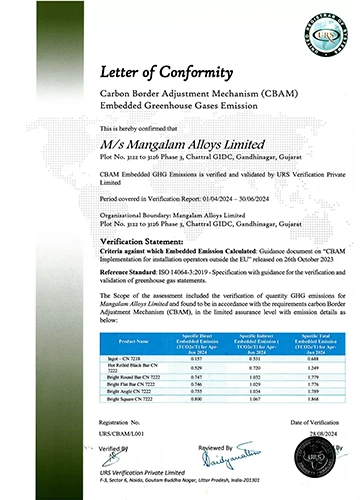 Letter of Conformity issued to Mangalam Alloys Limited verifying CBAM embedded greenhouse gas emissions compliance, highlighting its role as a stainless steel bar manufacturer in India with validated environmental reporting.