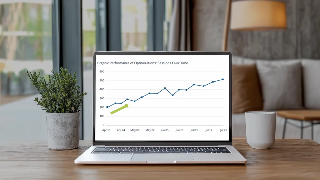 Laptop displaying rising organic traffic graph representing how digital marketing increases online visibility and B2B enquiries for manufacturers.