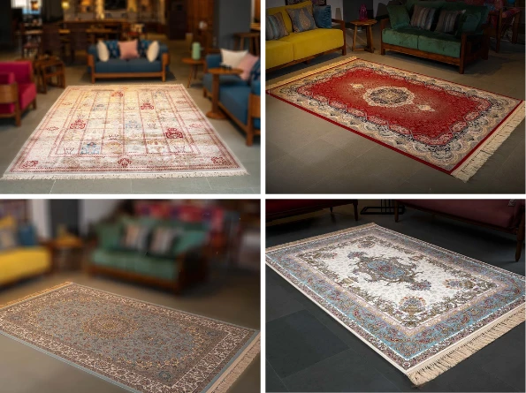 handmade Kashmiri carpet collection with intricate floral and medallion patterns placed in modern living room interiors showcasing traditional craftsmanship and premium quality rugs