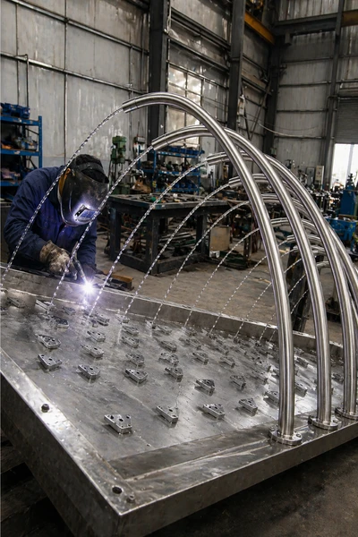 In-house fountain manufacturing process showing a technician welding stainless steel fountain arches for custom water fountain systems by experienced fountain manufacturers and wholesale water fountain suppliers