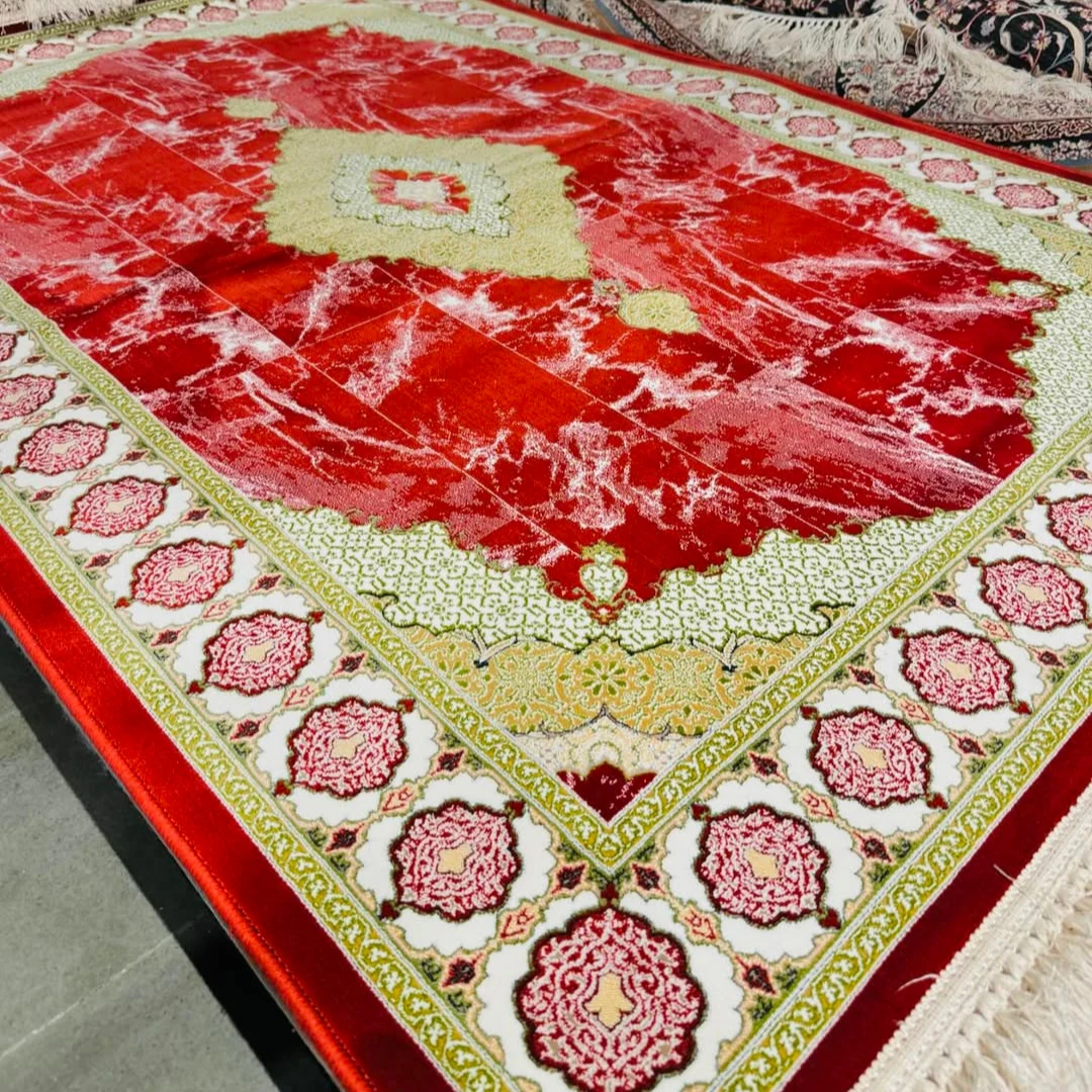 modern Kashmiri carpets featuring bold red abstract center with intricate traditional border patterns showcasing contemporary style and fine craftsmanship