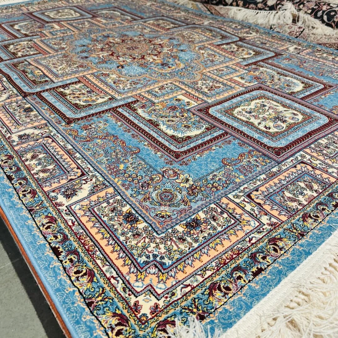 traditional Kashmiri carpets featuring detailed floral and geometric patterns in blue tones with central medallion design showcasing classic handwoven craftsmanship